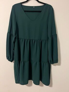 V-Neck Tiered Long Sleeve Dress in Deep Teal